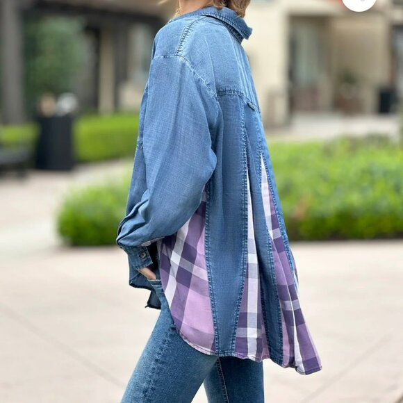 Billy T Love You To Pieces Shirt Women XL Blue Purple Chambray Denim Plaid Boho - Picture 4 of 15